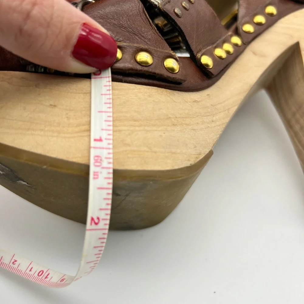 Miu Miu 36 Heel Sling Clog Wedge Platform Stud Brown Leather Wood Y2k boho tall - Picture 12 of 15